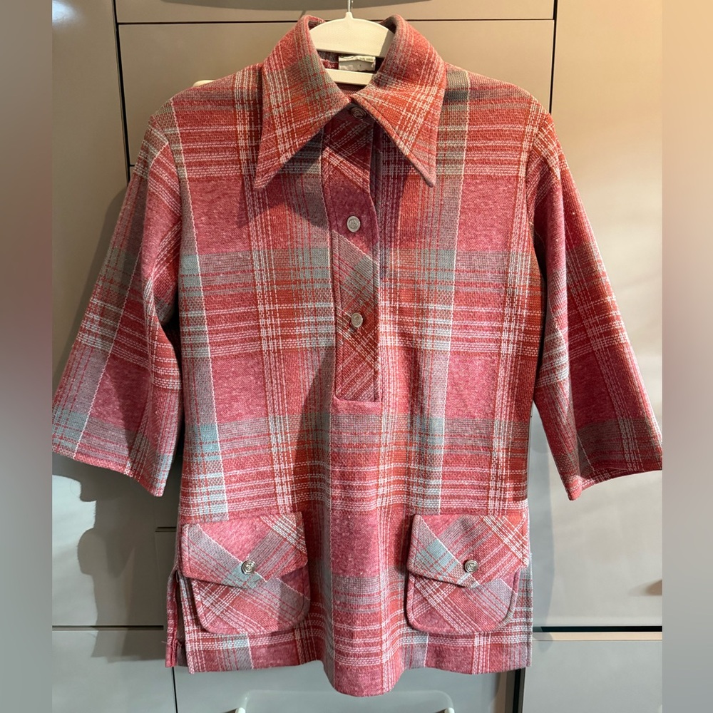 Vintage Women's Plaid Tunic Top - Red and Gray